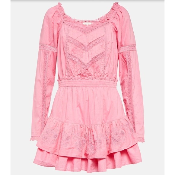LoveShackFancy Sanaya Dress XL Vivid Pink Long‎ Sleeve Ruffle Tiered Lace Trim - Picture 16 of 16